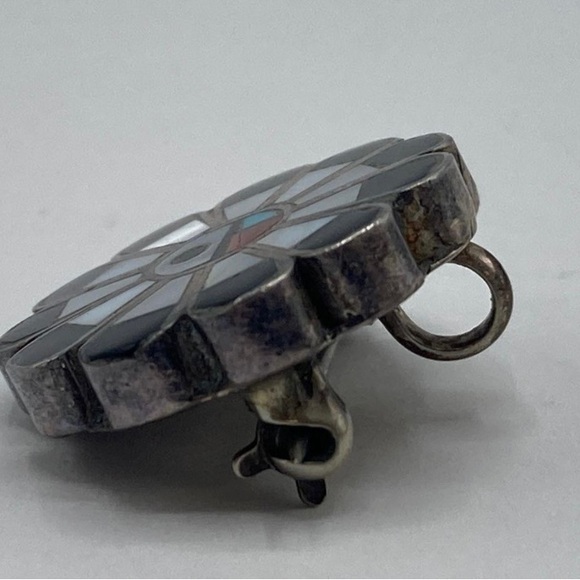 Zuni Southwestern Sterling Silver Mother Of Pearl Onyx Gemstone Pendant/Brooch - Picture 2 of 4